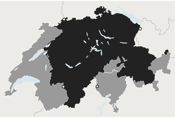 Map of Switzerland with the German-speaking area in black
