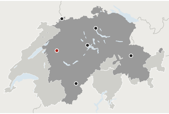 Map of German-speaking Switzerland with six school locations